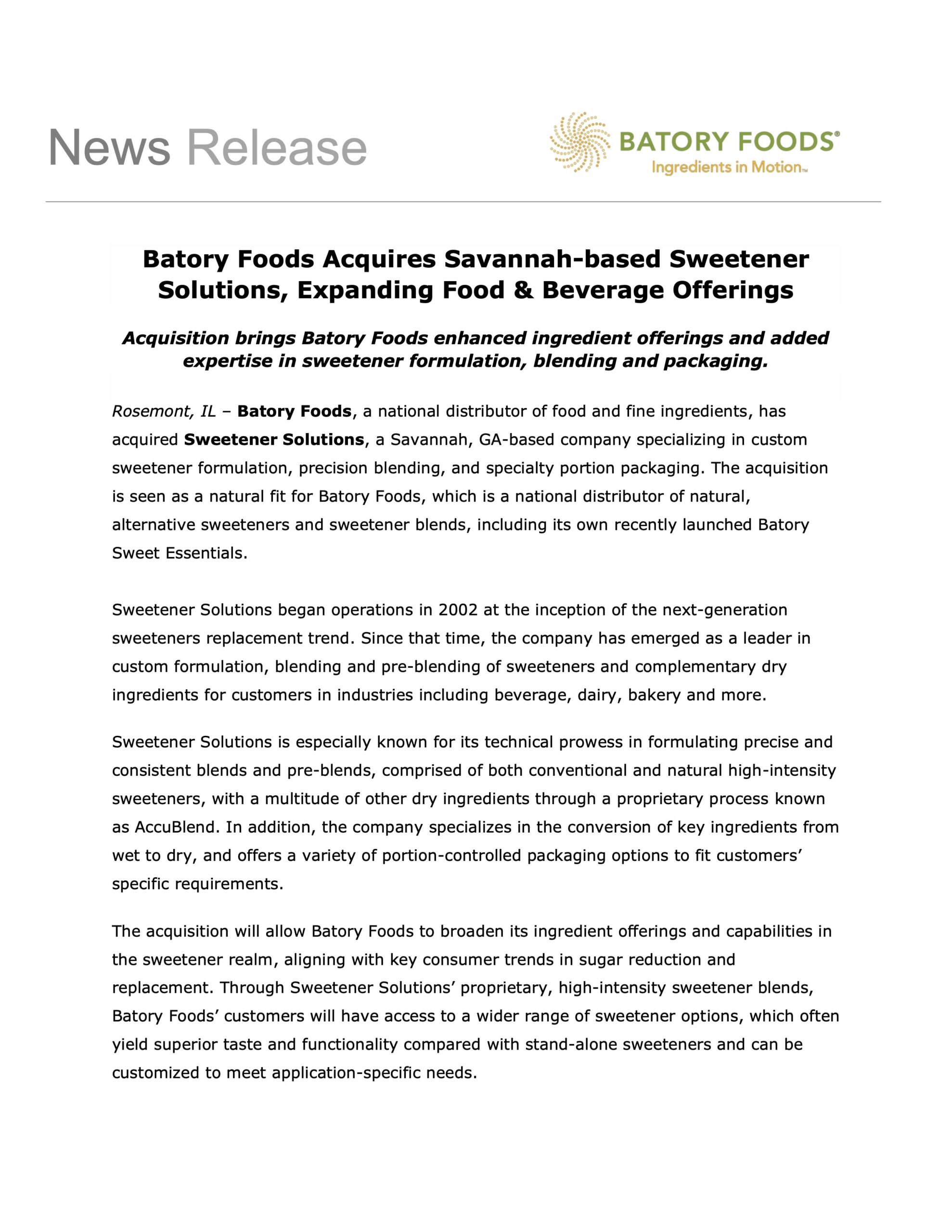 Batory Foods Acquires Sweetener Solutions