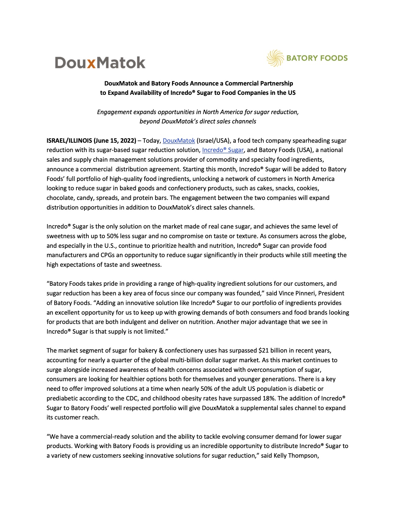 DouxMatok and Batory Foods Announce a Commercial Partnership