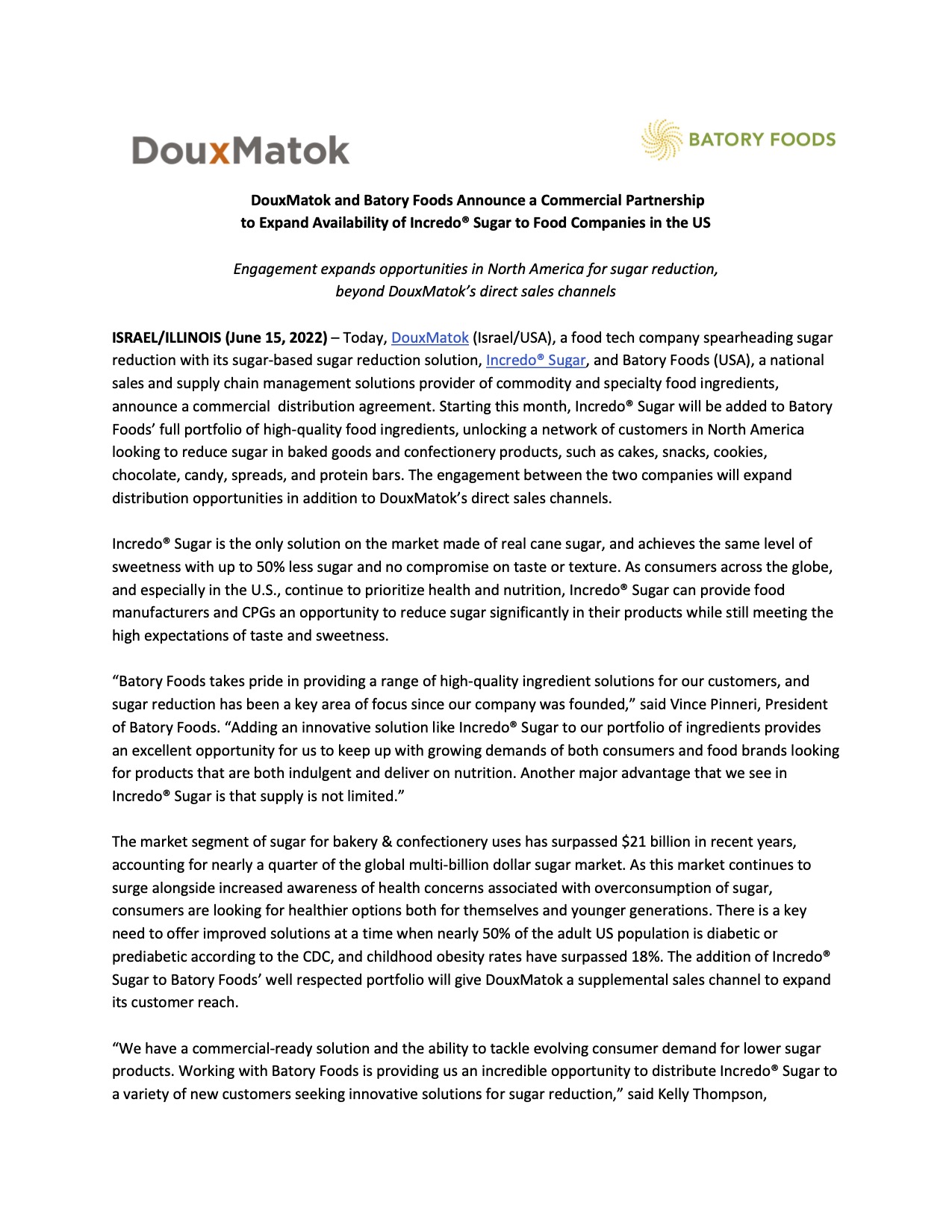DouxMatok and Batory Foods Announce a Commercial Partnership