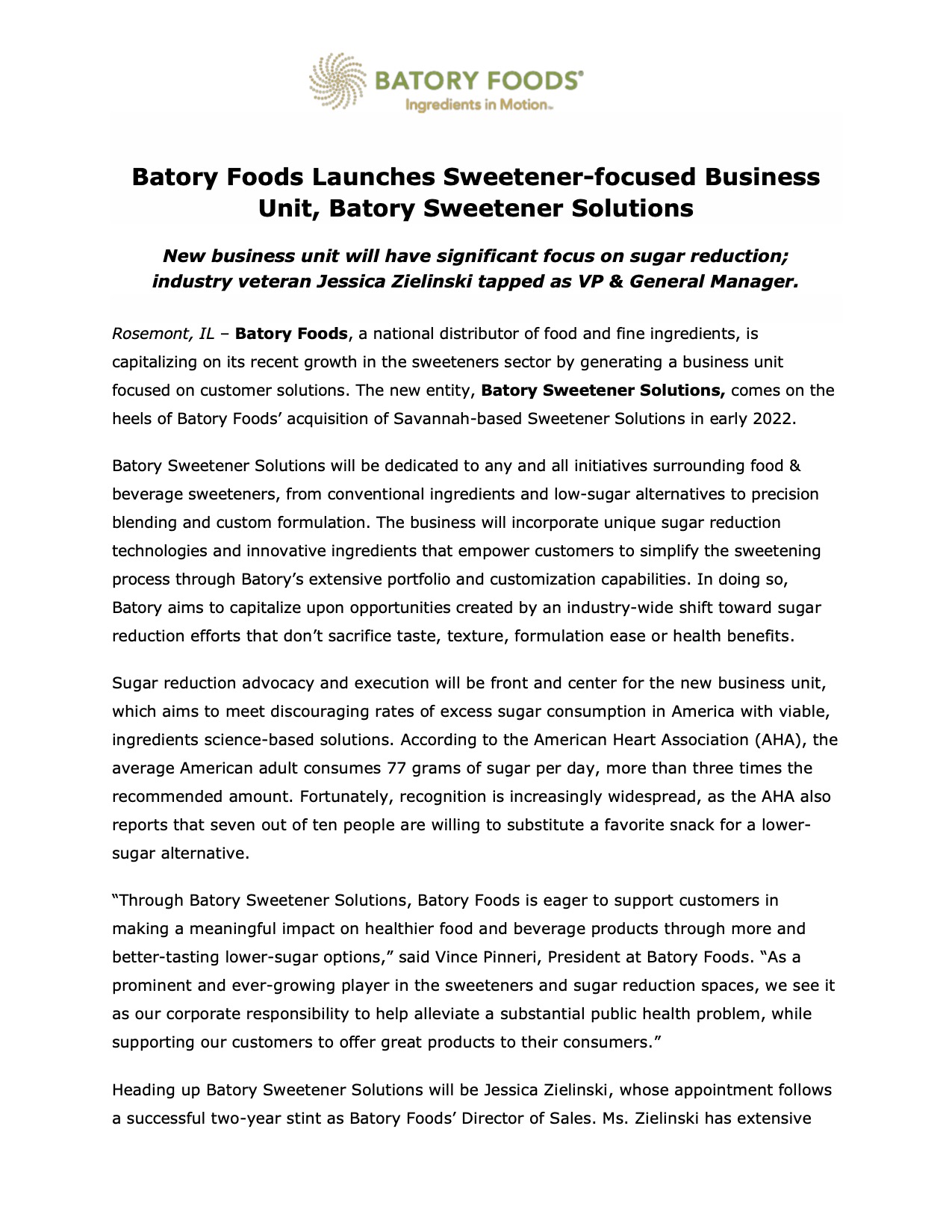 Batory Foods Creates Sweetener-Focused Subsidiary