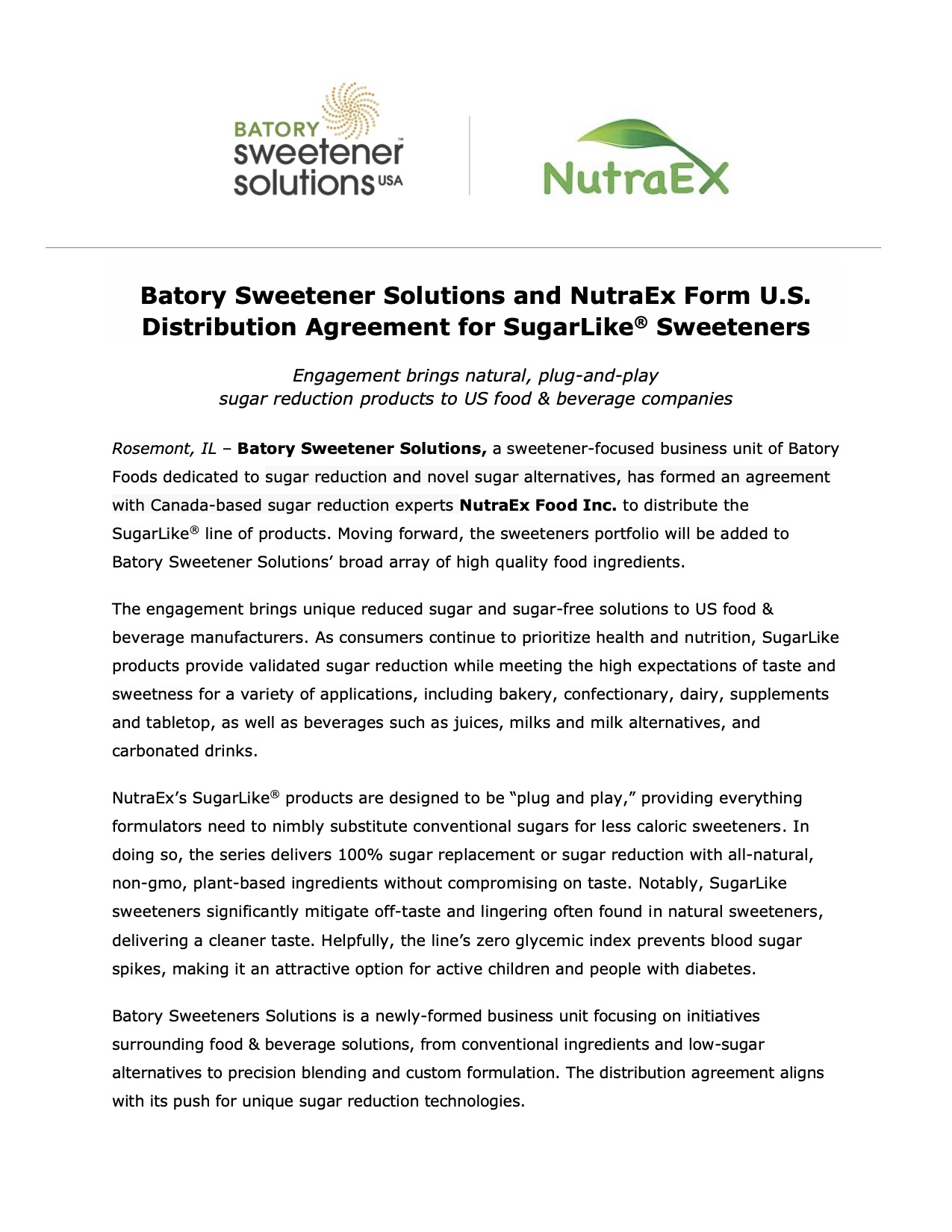 Batory Sweetener Solutions Distribution Agreement with NutraEx Cover