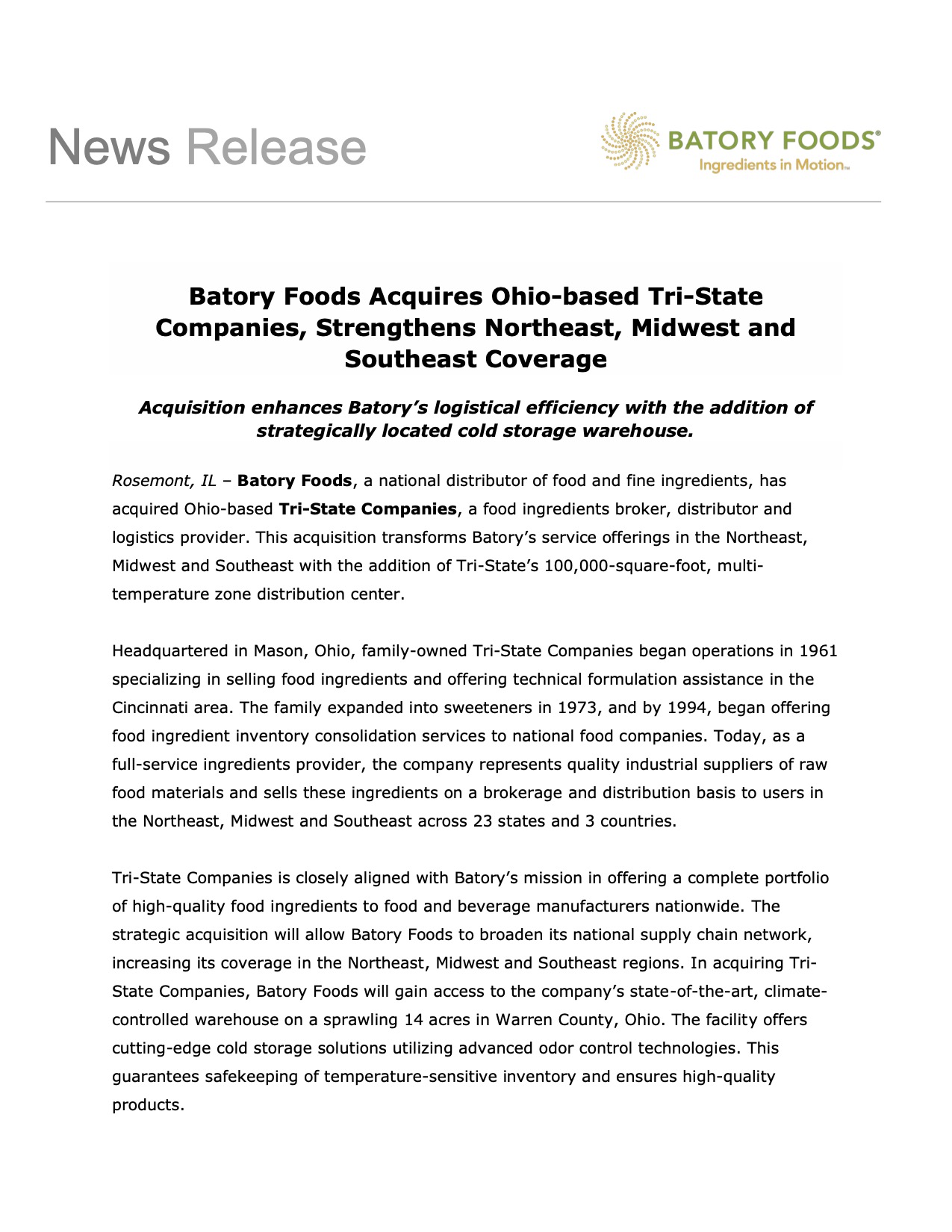 Batory Foods Acquires Try State Companies