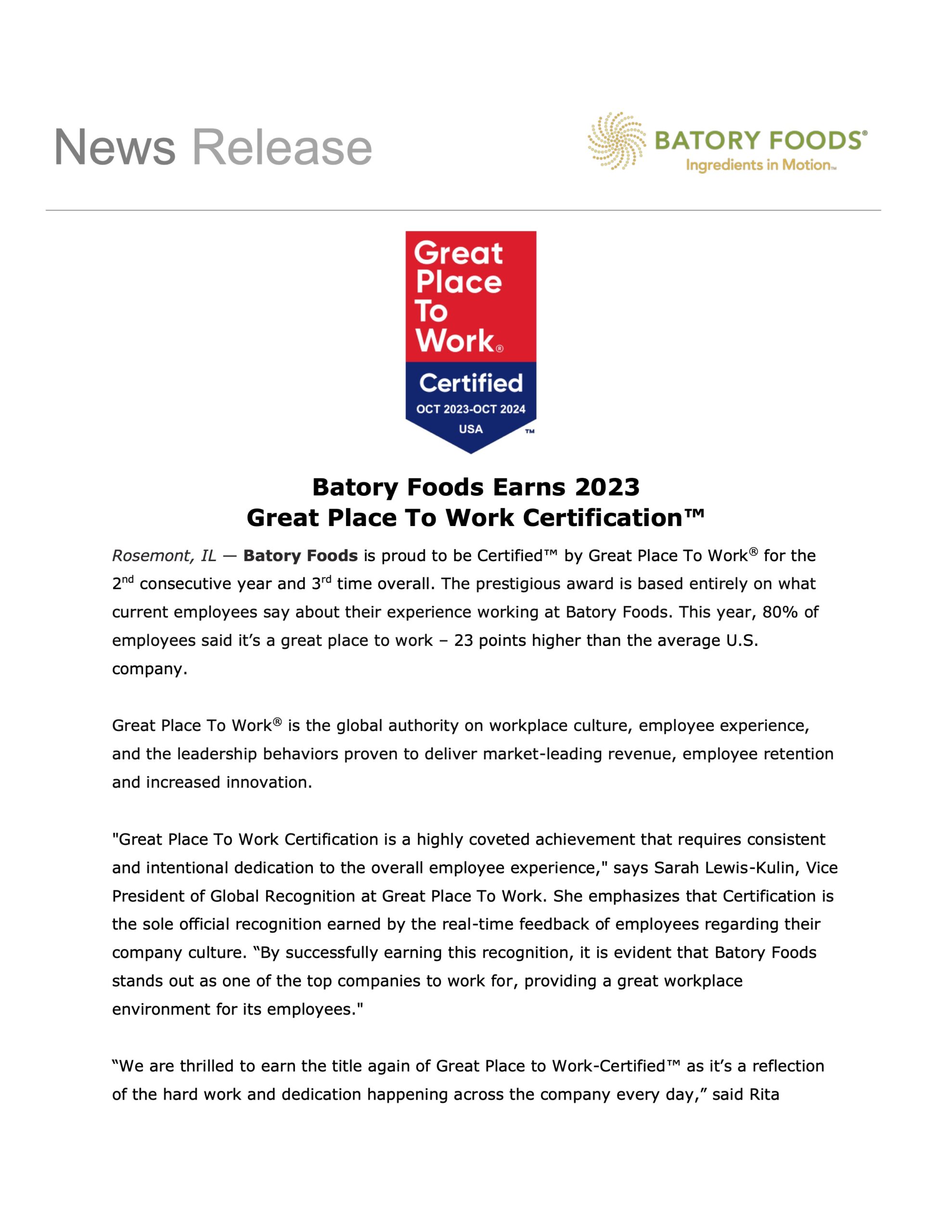 Batory Foods Earns 2023 Great Place To Work Certification™