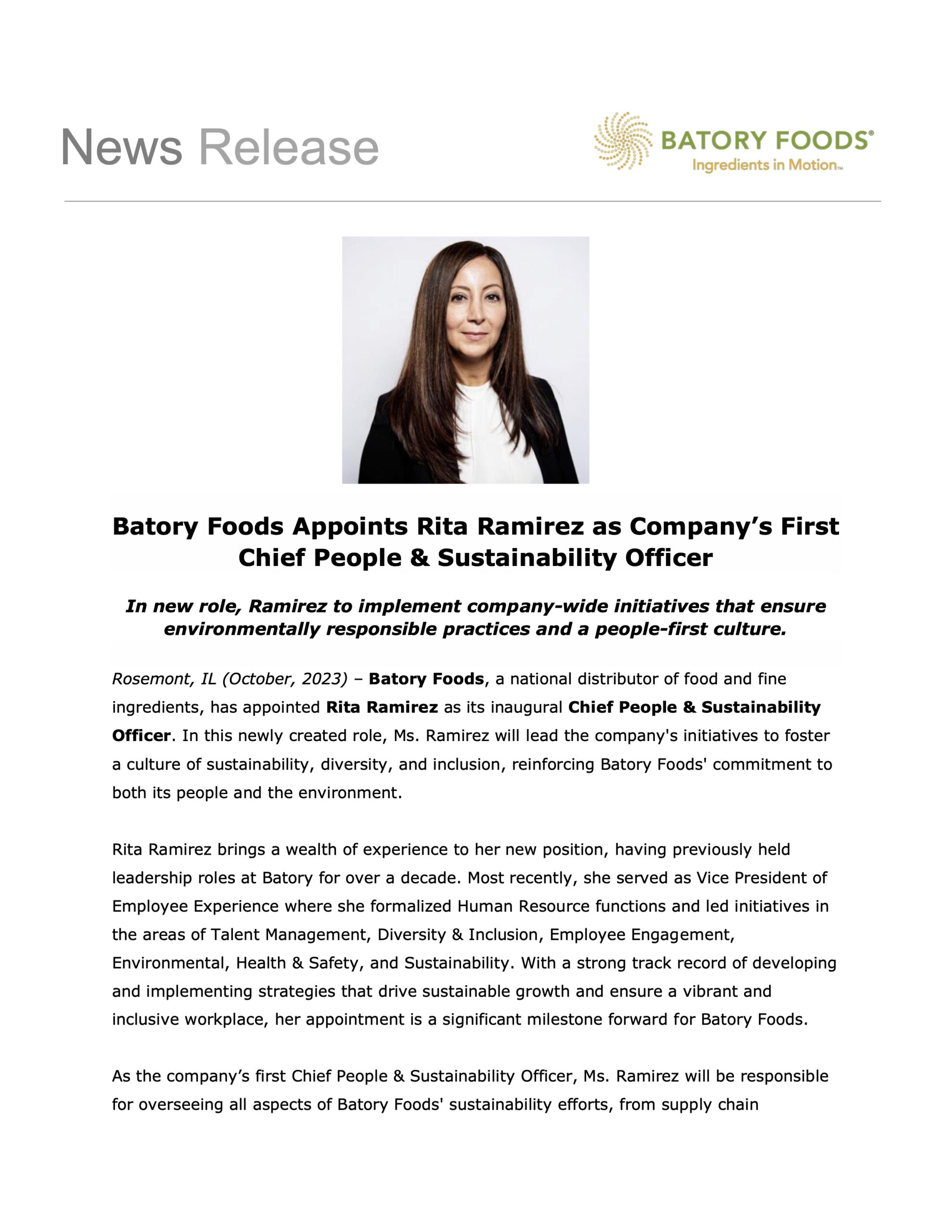 Batory Foods Appoints Rita Ramirez as Chief People & Sustainability Officer